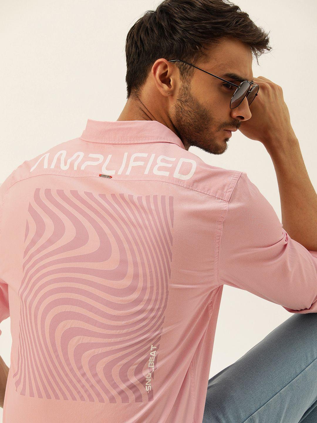single men pink printed slim fit pure cotton casual shirt