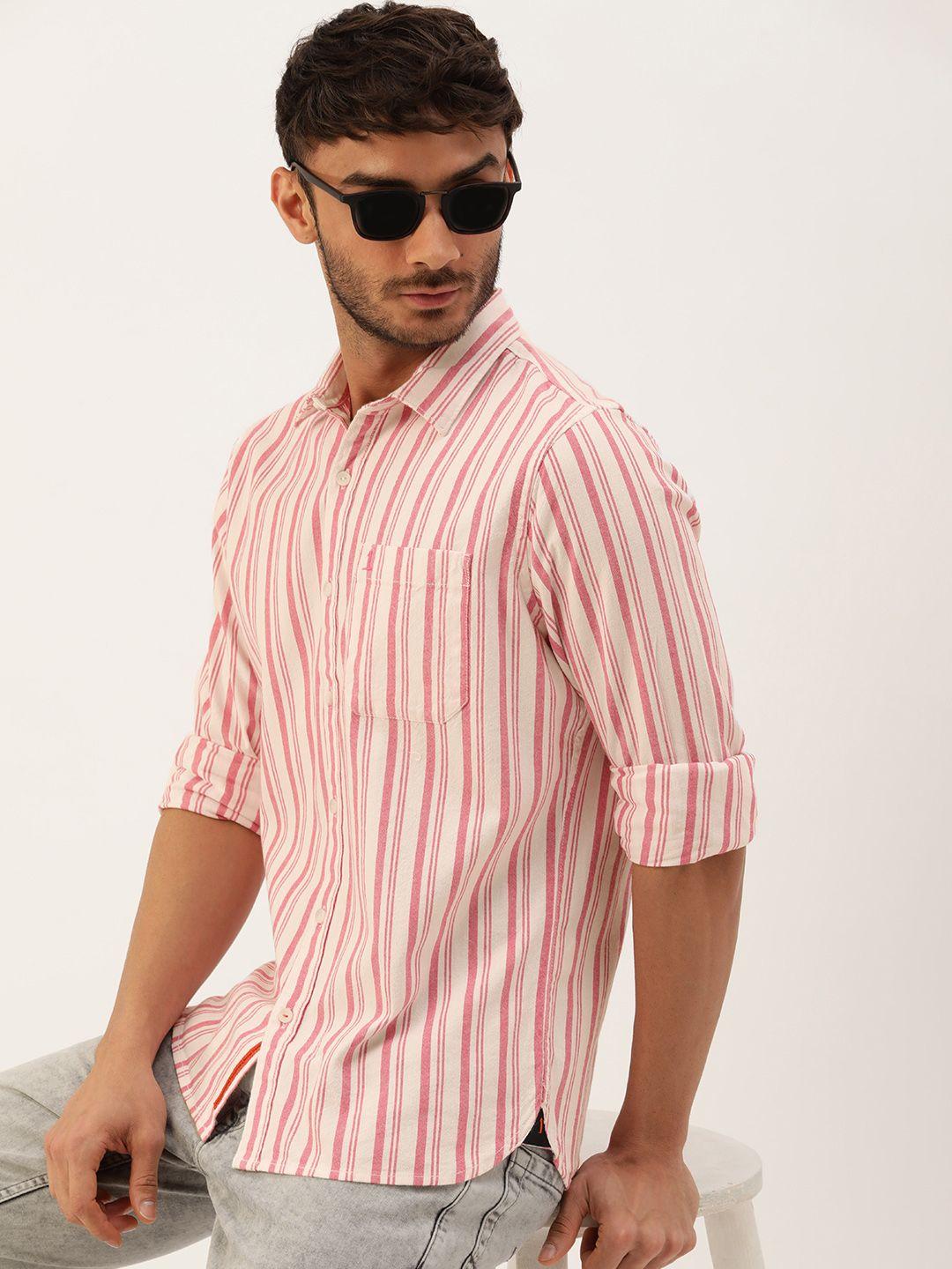 single men white & pink  slim fit striped pure cotton casual shirt