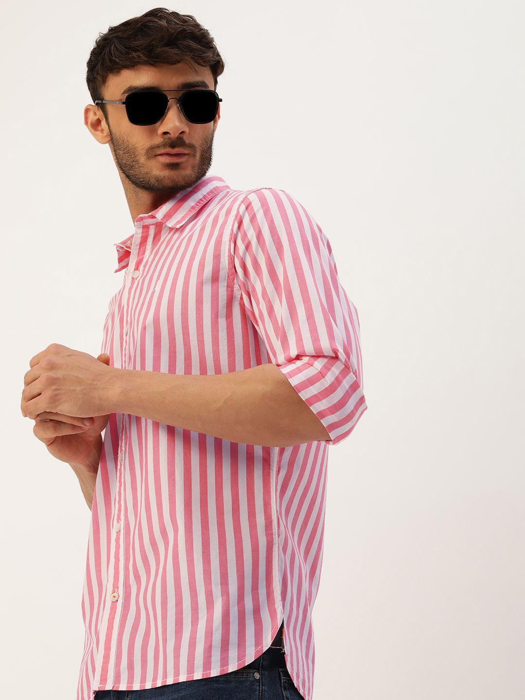 single men white &pink slim fit striped casual shirt