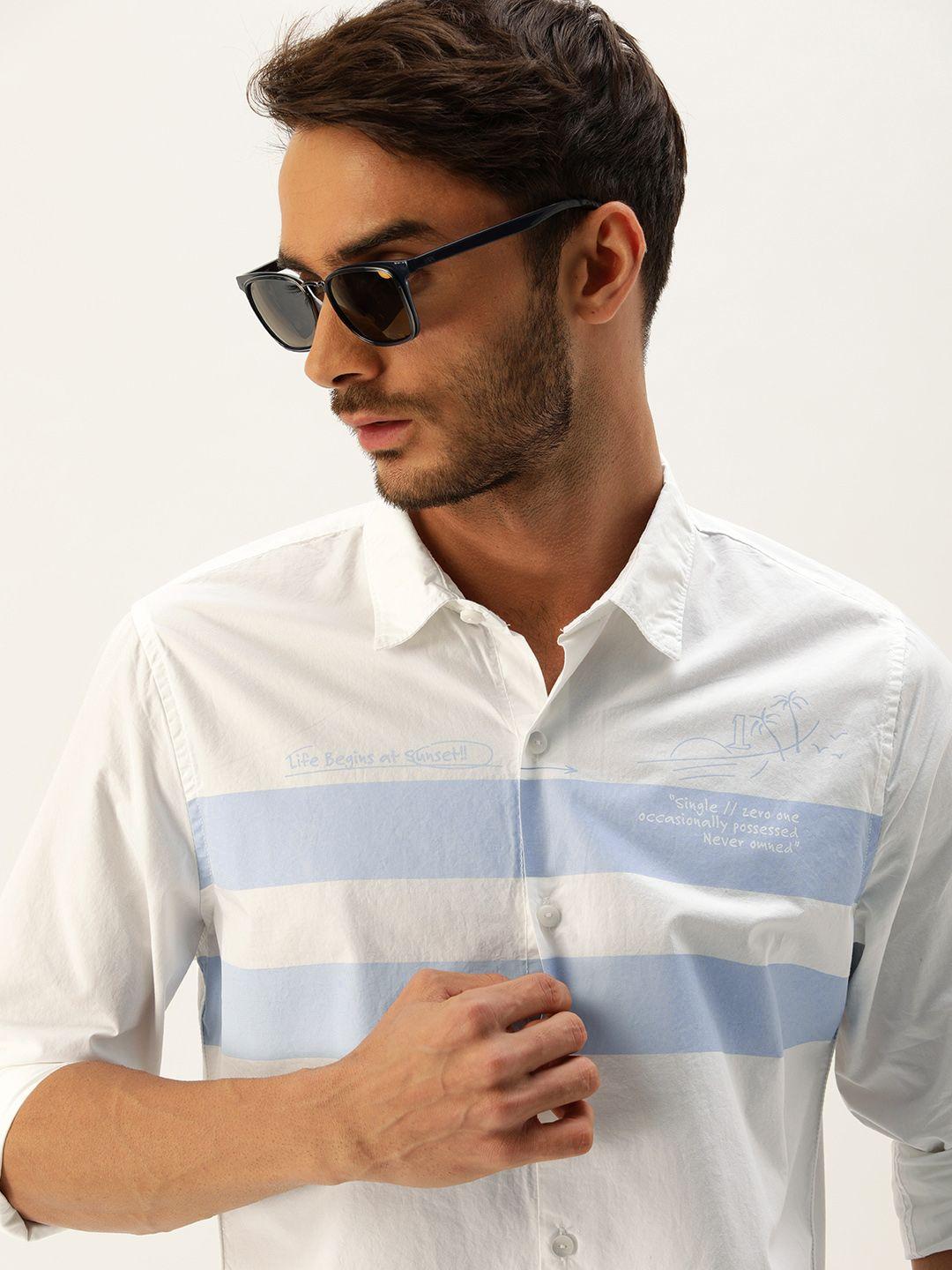 single men white striped slim fit casual shirt