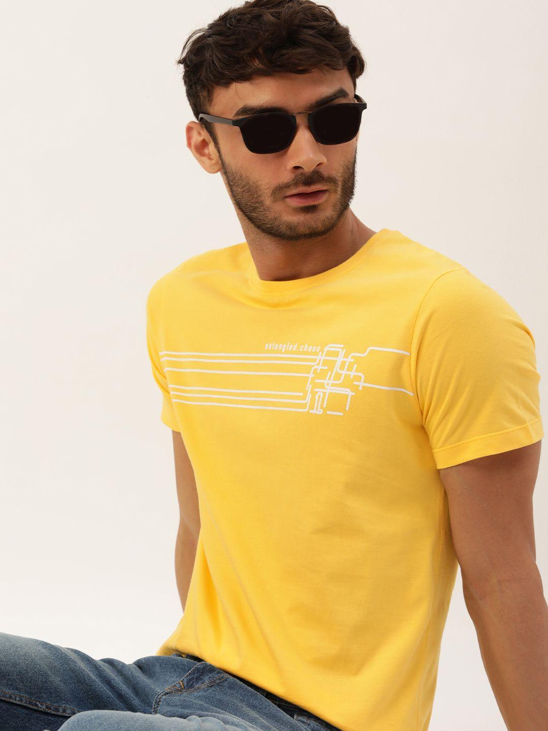 single men yellow printed pure cotton slim fit t-shirt