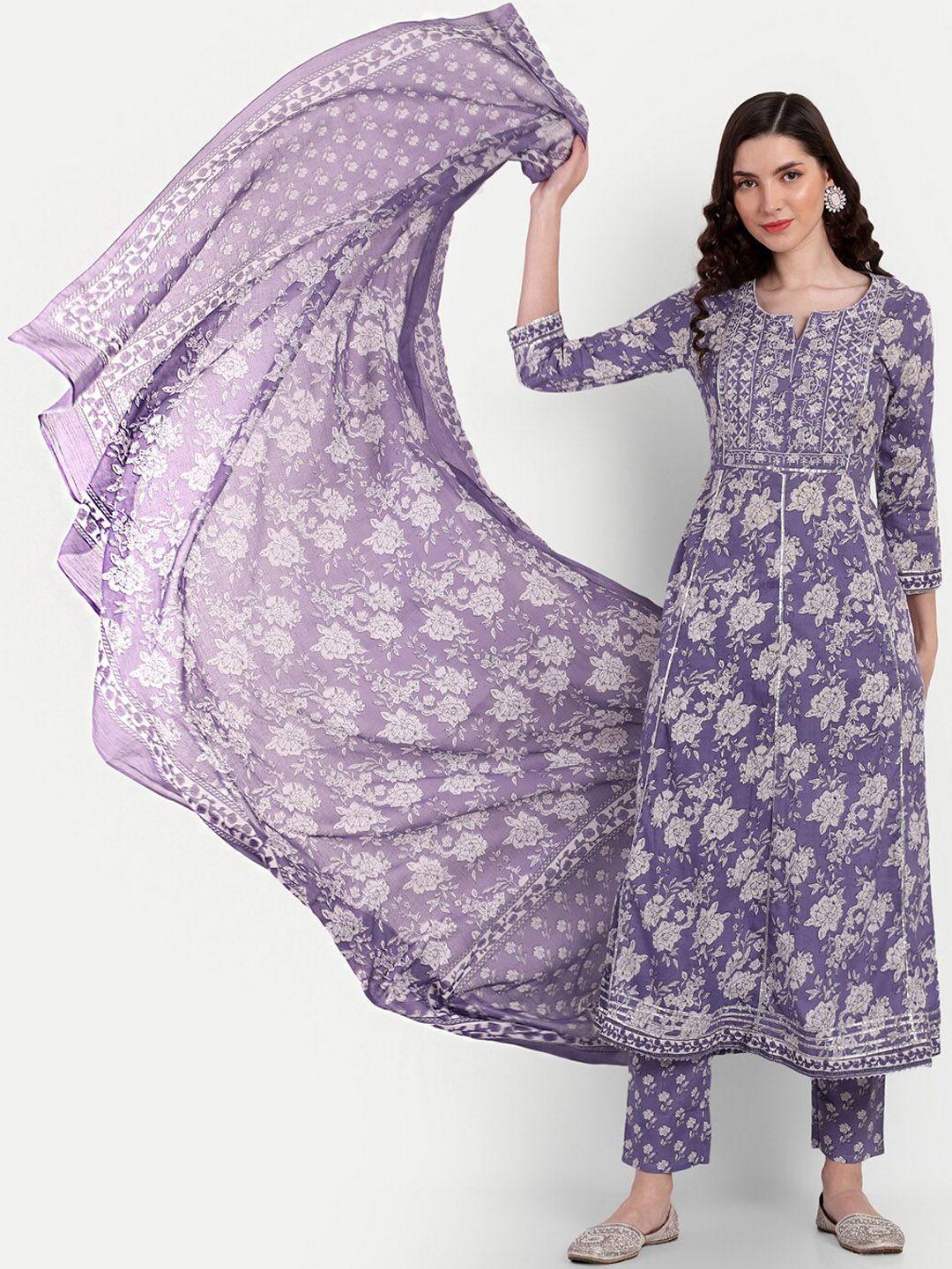 singni floral printed notched neck pure cotton kurta with trousers & dupatta