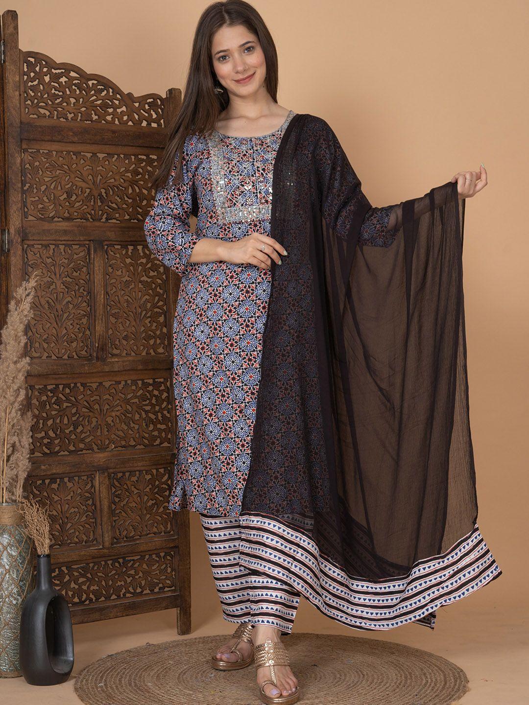 singni floral printed sequined straight kurta with trousers & dupatta