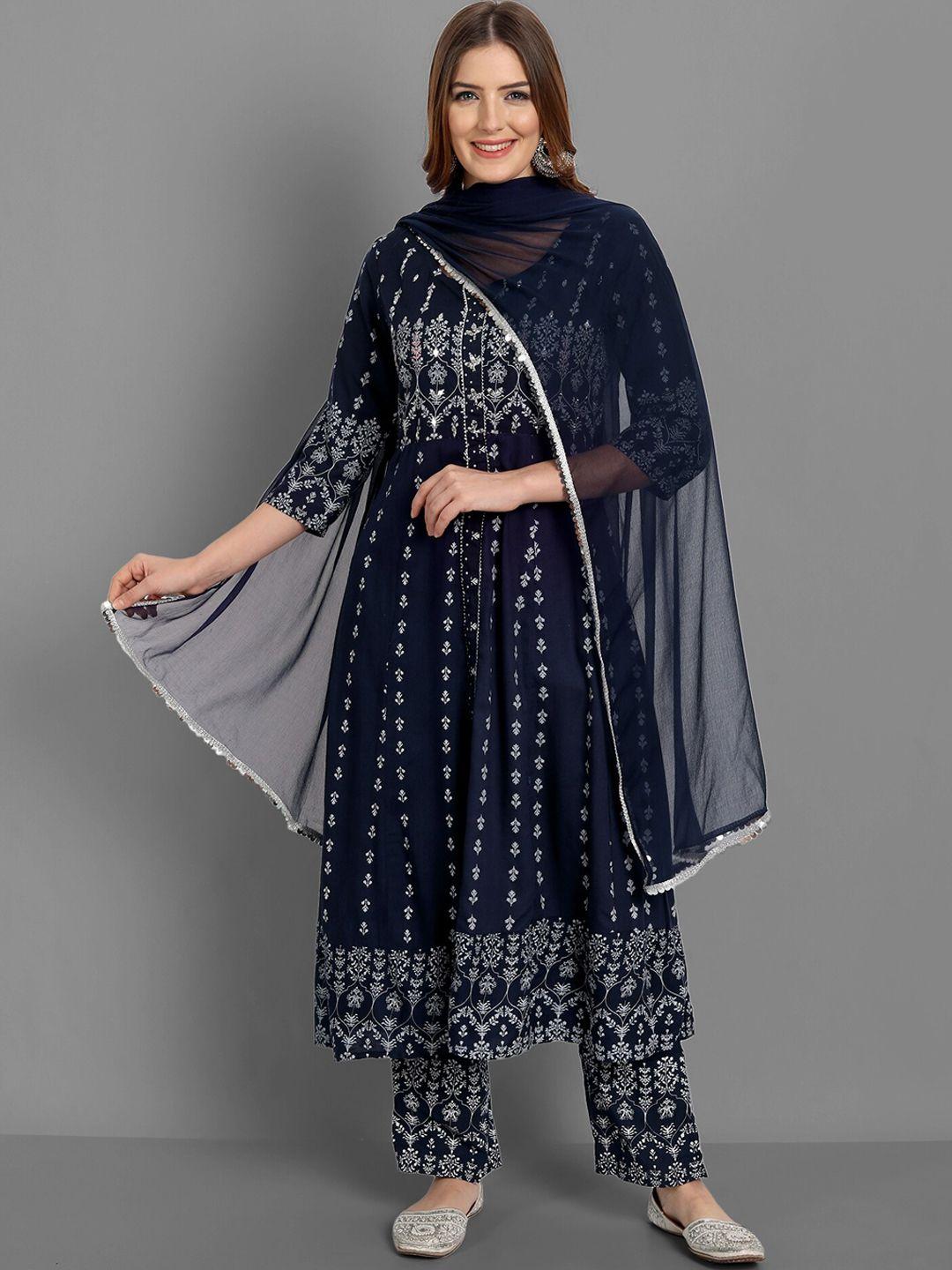 singni women blue ethnic motifs layered kurta with trousers & with dupatta