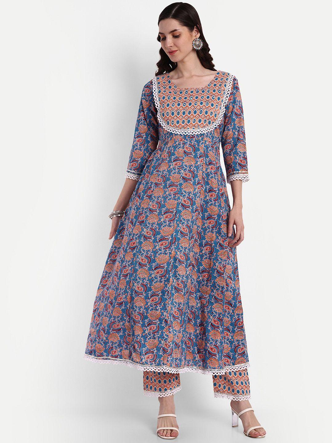 singni women blue ethnic motifs printed empire pure cotton kurta with trousers & with dupatta
