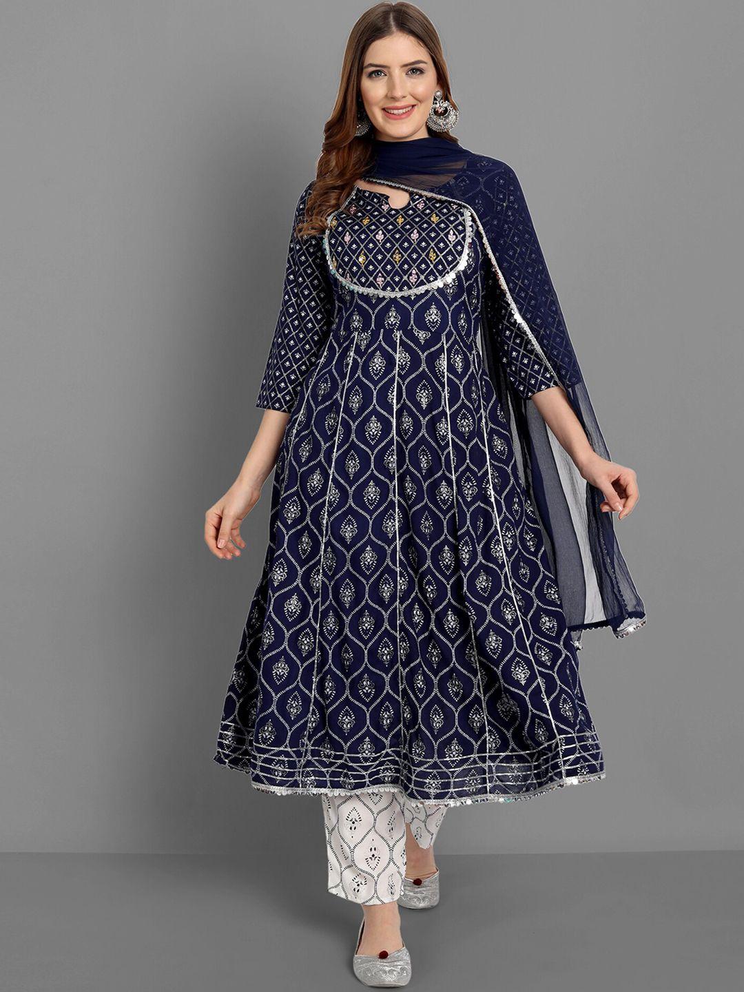 singni women blue floral pleated kurti with trousers & with dupatta