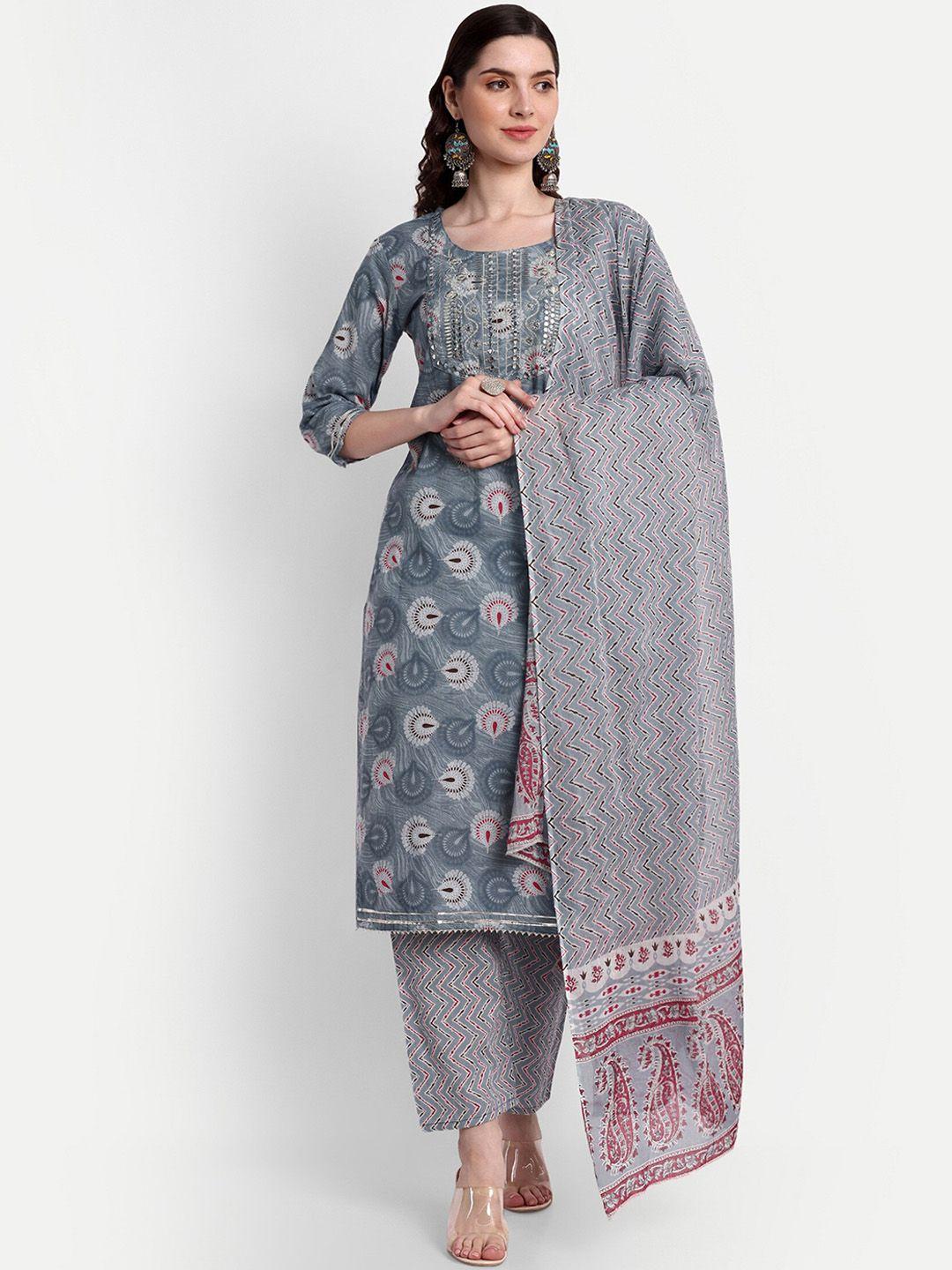 singni women grey ethnic motifs embroidered regular pure cotton kurta with trousers & with dupatta
