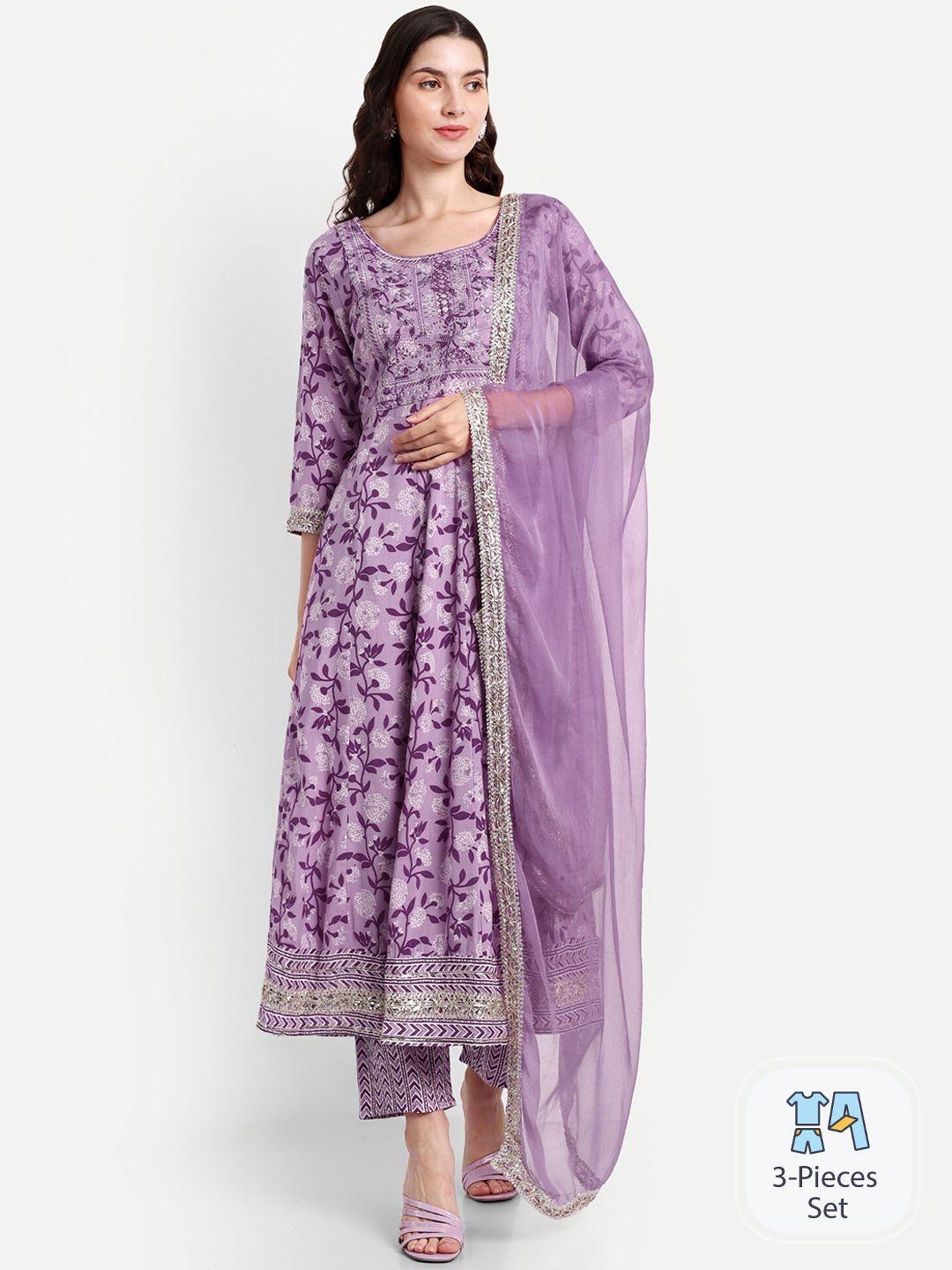 singni women lavender floral printed regular thread work pure cotton kurta with trousers & with dupatta