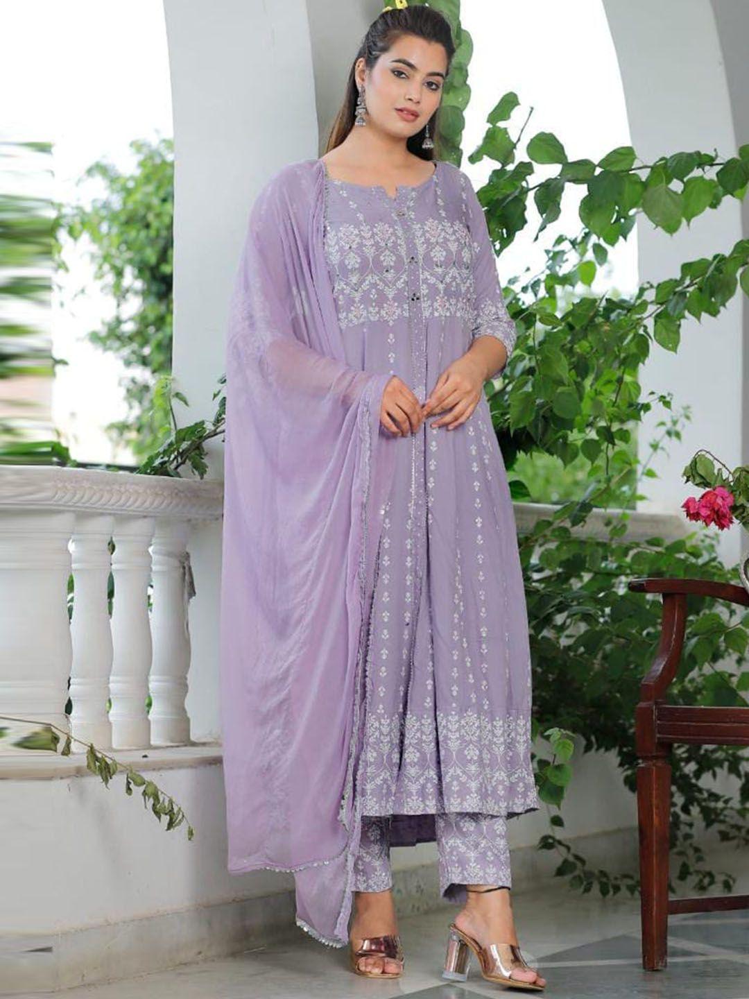 singni women lavender floral printed thread work kurta with trousers & dupatta