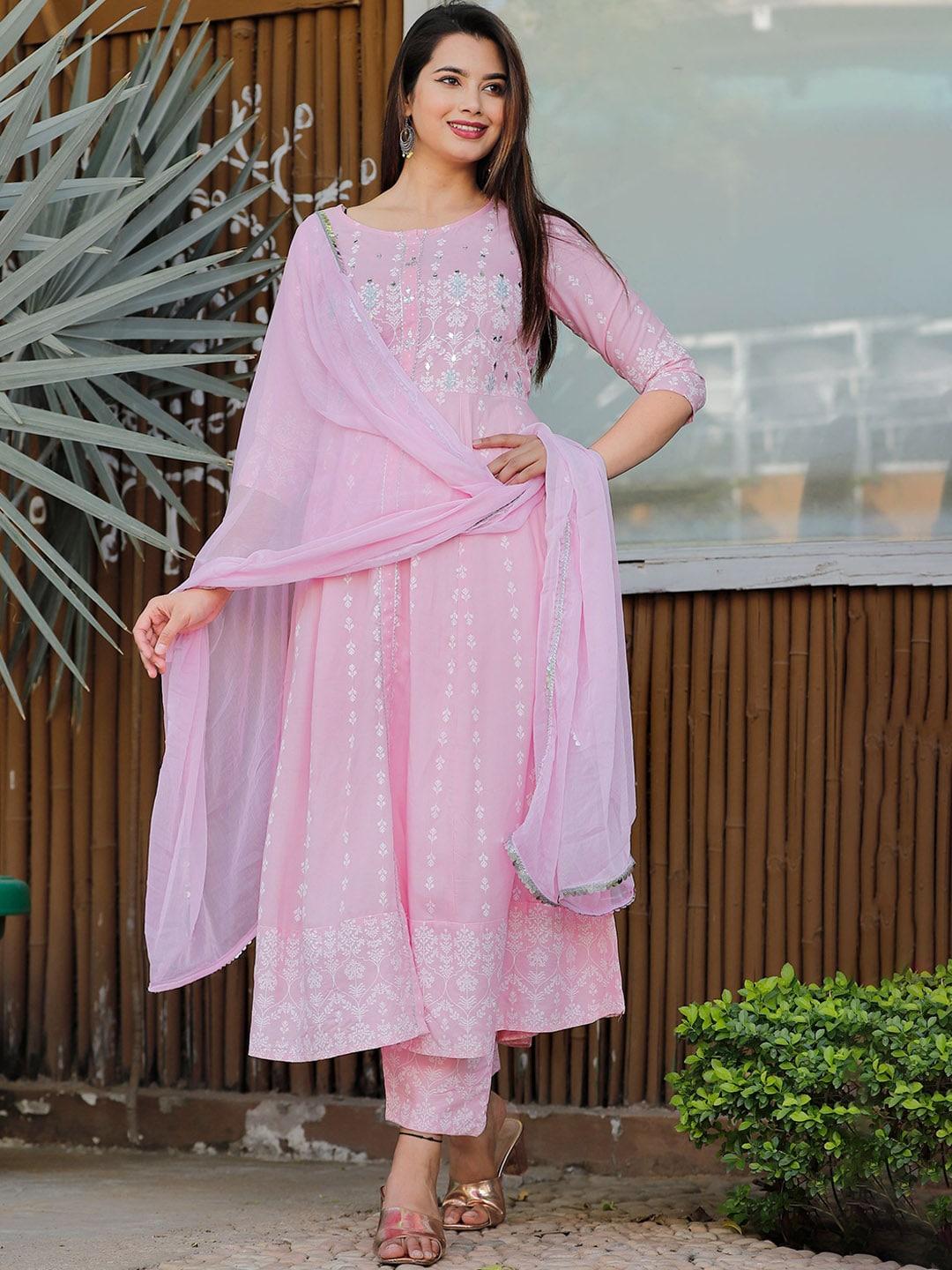 singni women pink ethnic motifs embroidered kurta with trousers & dupatta