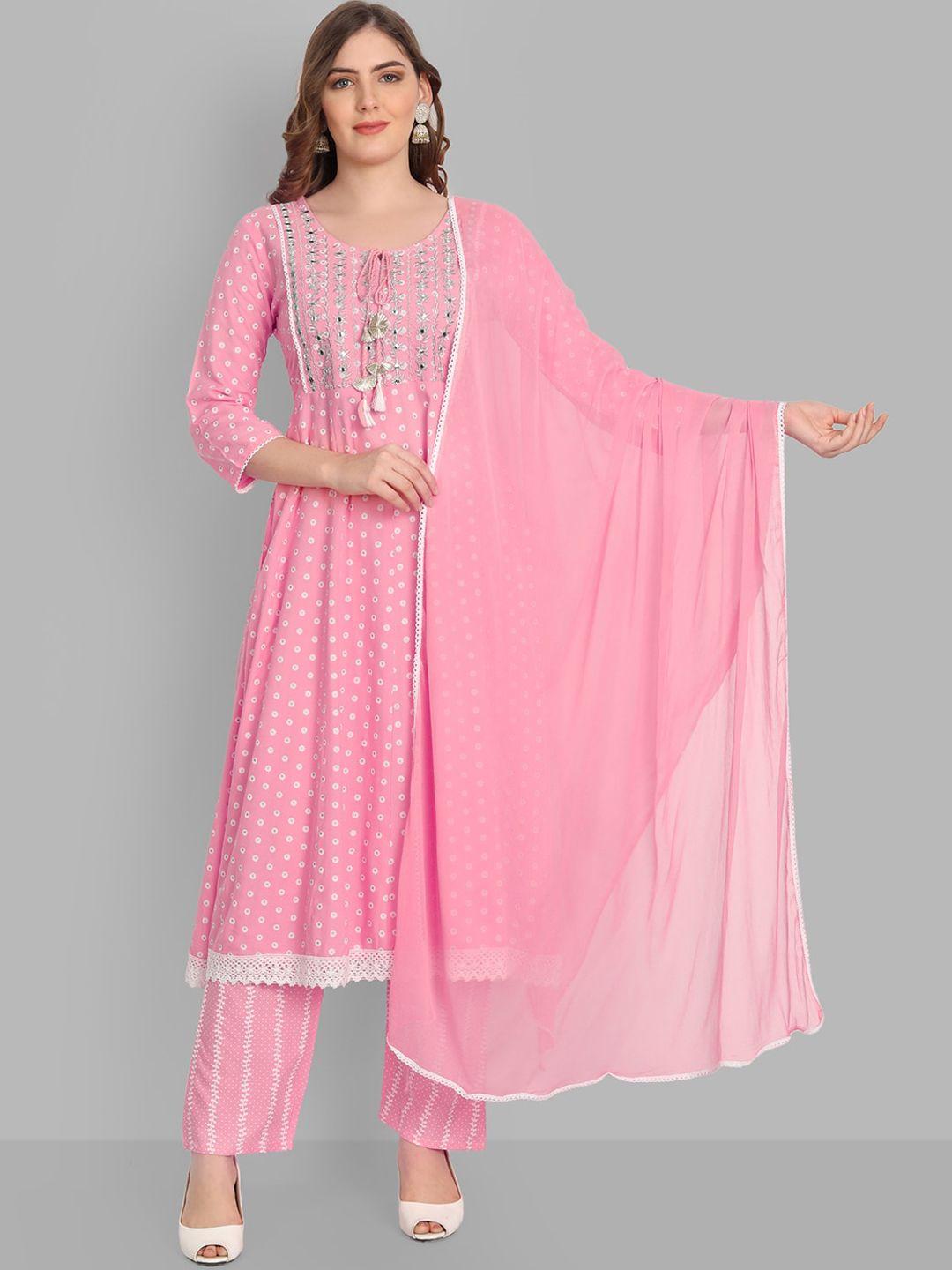 singni women pink ethnic motifs embroidered mirror work kurta with trousers & with dupatta