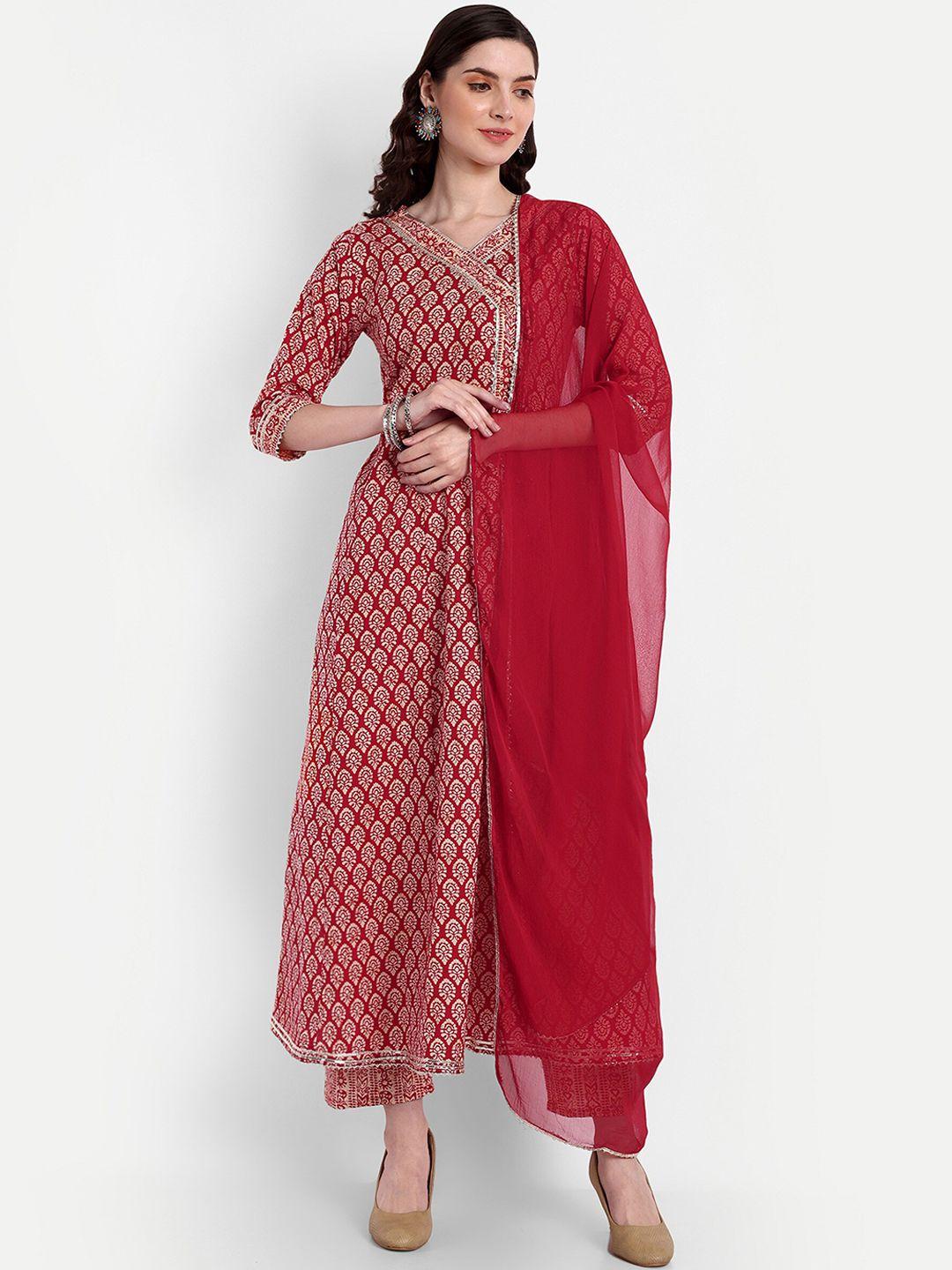singni women red ethnic motifs printed regular pure cotton kurta with trousers & with dupatta