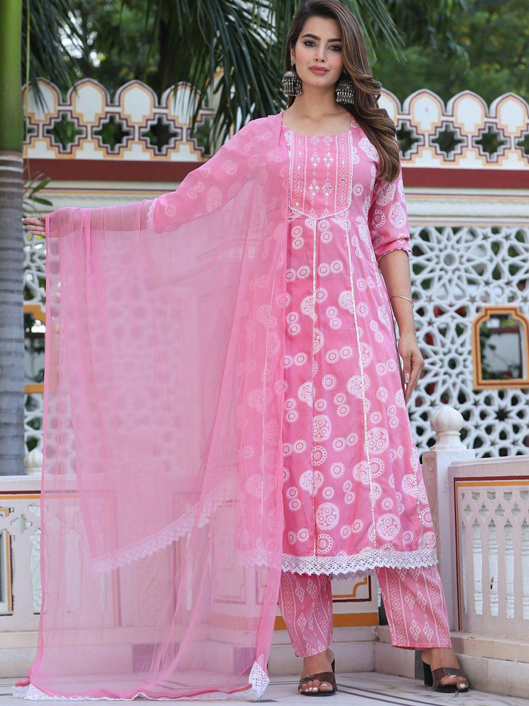 singni ethnic motifs printed mirror work panelled a-line kurta & trousers with dupatta