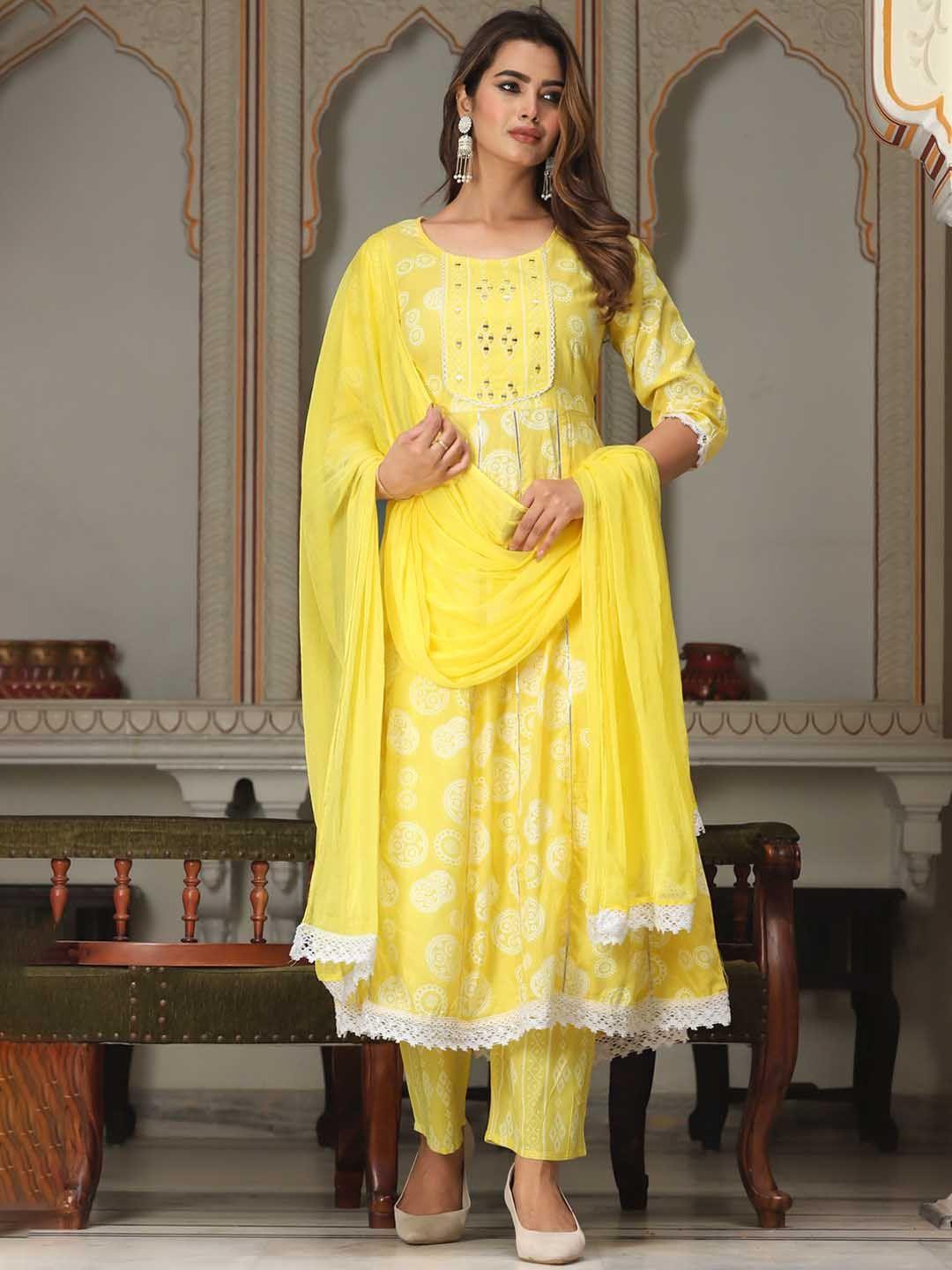 singni ethnic motifs printed mirror work panelled a-line kurta & trousers with dupatta