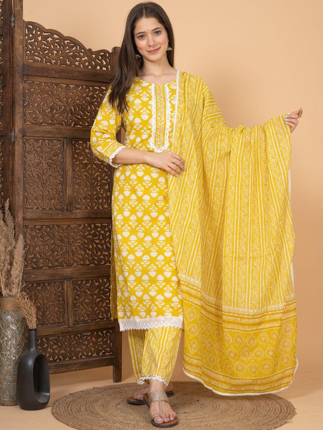 singni floral printed straight pure cotton kurta with trousers & dupatta