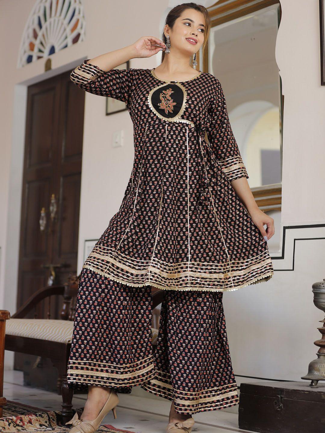 singni women black floral printed kurta with sharara & dupatta