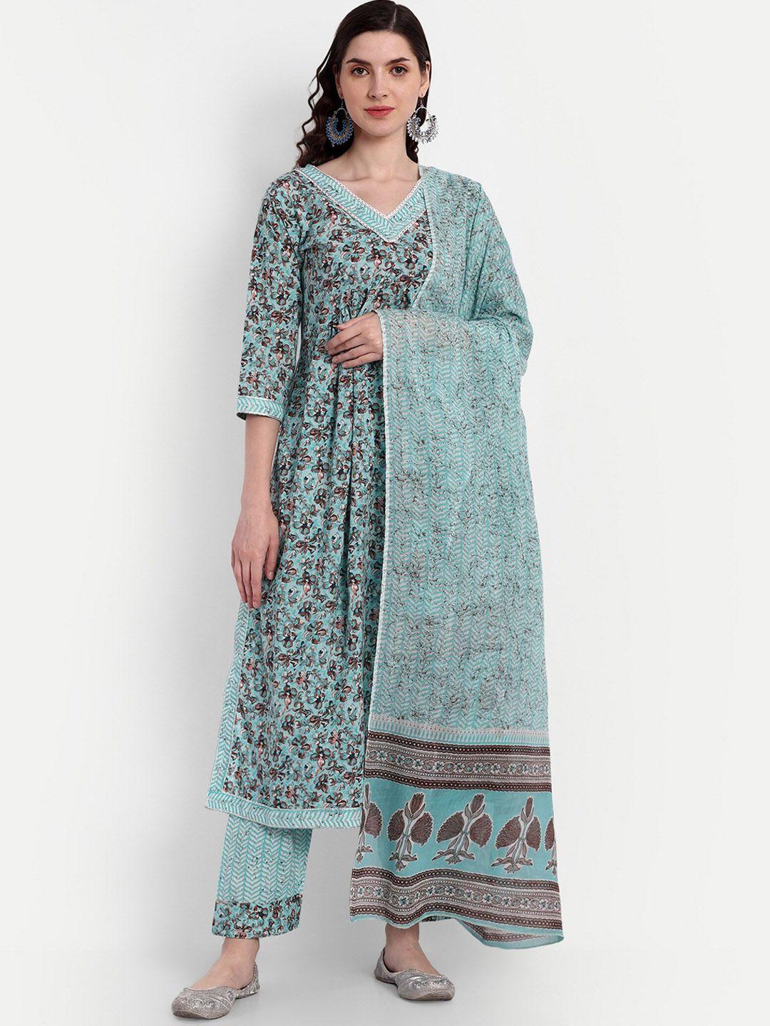 singni women blue ethnic motifs printed angrakha pure cotton kurta with trousers & with dupatta