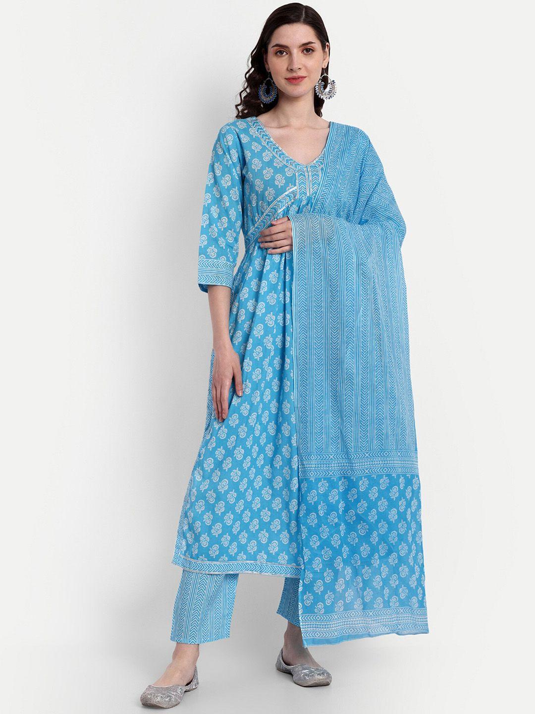 singni women blue ethnic motifs printed angrakha pure cotton kurta with trousers & with dupatta