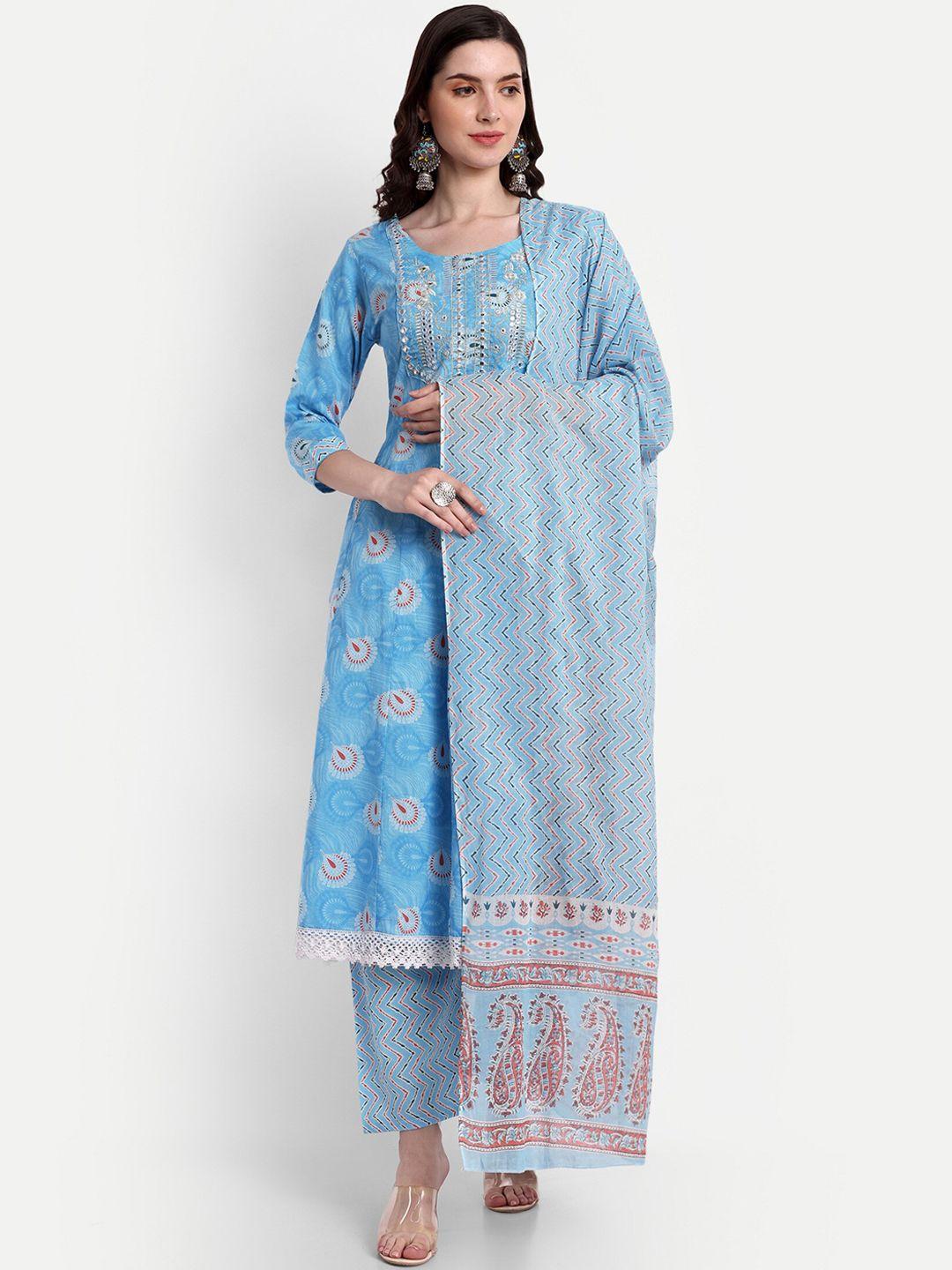 singni women blue ethnic motifs printed regular pure cotton kurta with trousers & with dupatta