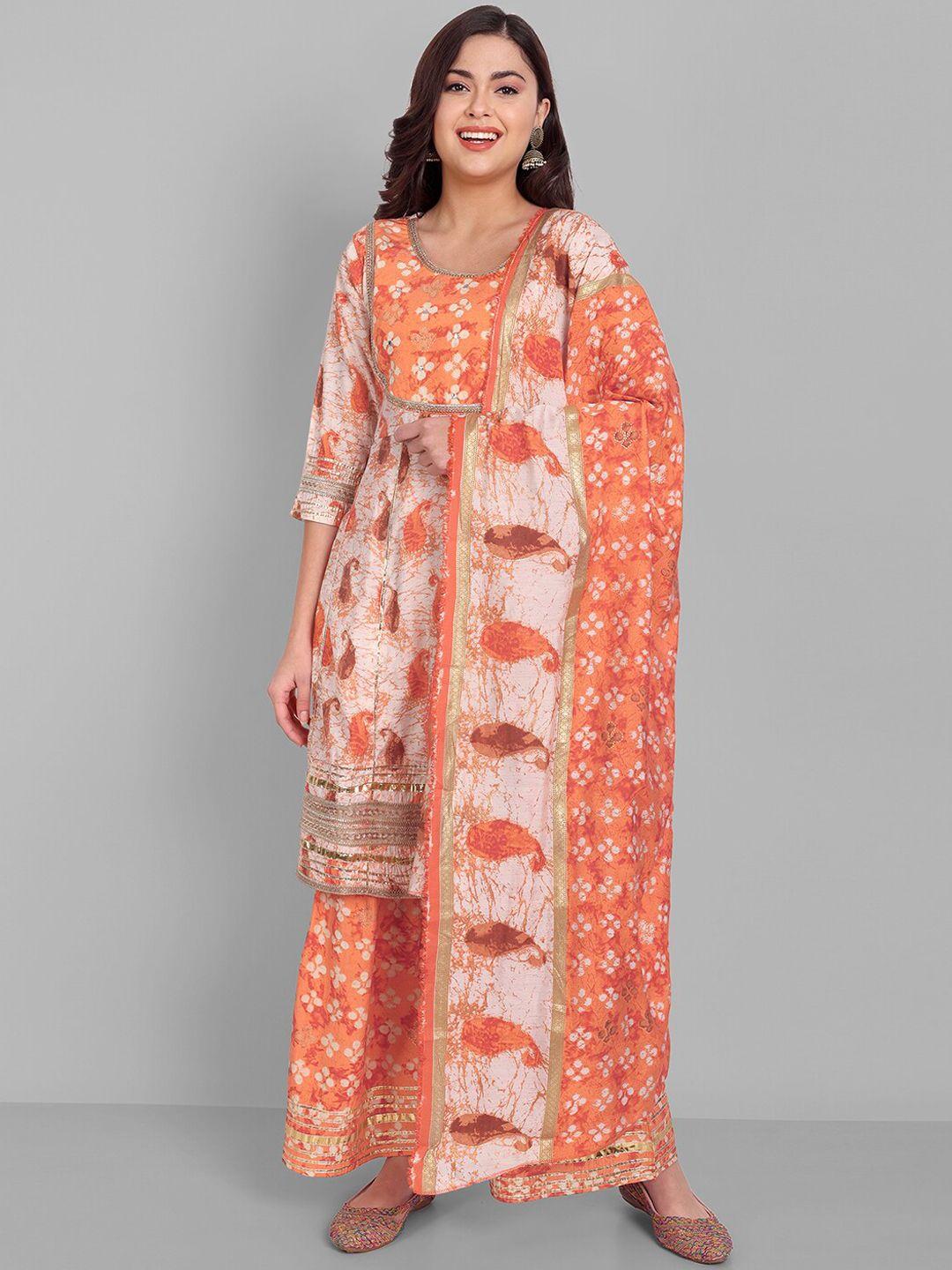 singni women orange ethnic motifs printed gotta patti kurta with sharara & with dupatta
