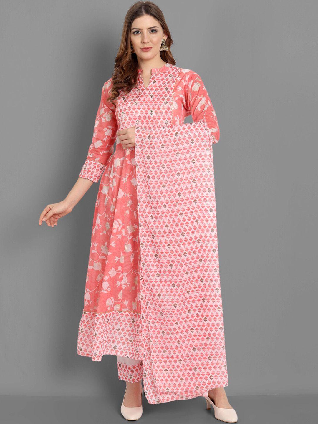 singni women peach ethnic motifs printed pure cotton kurta with trousers & with dupatta