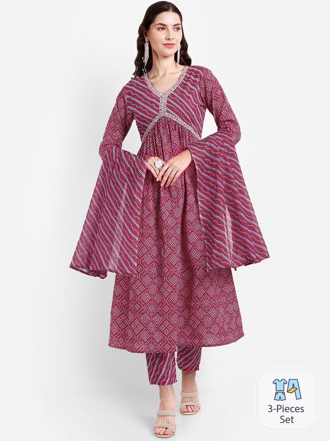 singni women pink bandhani printed empire sequinned pure cotton kurta with trousers & with dupatta