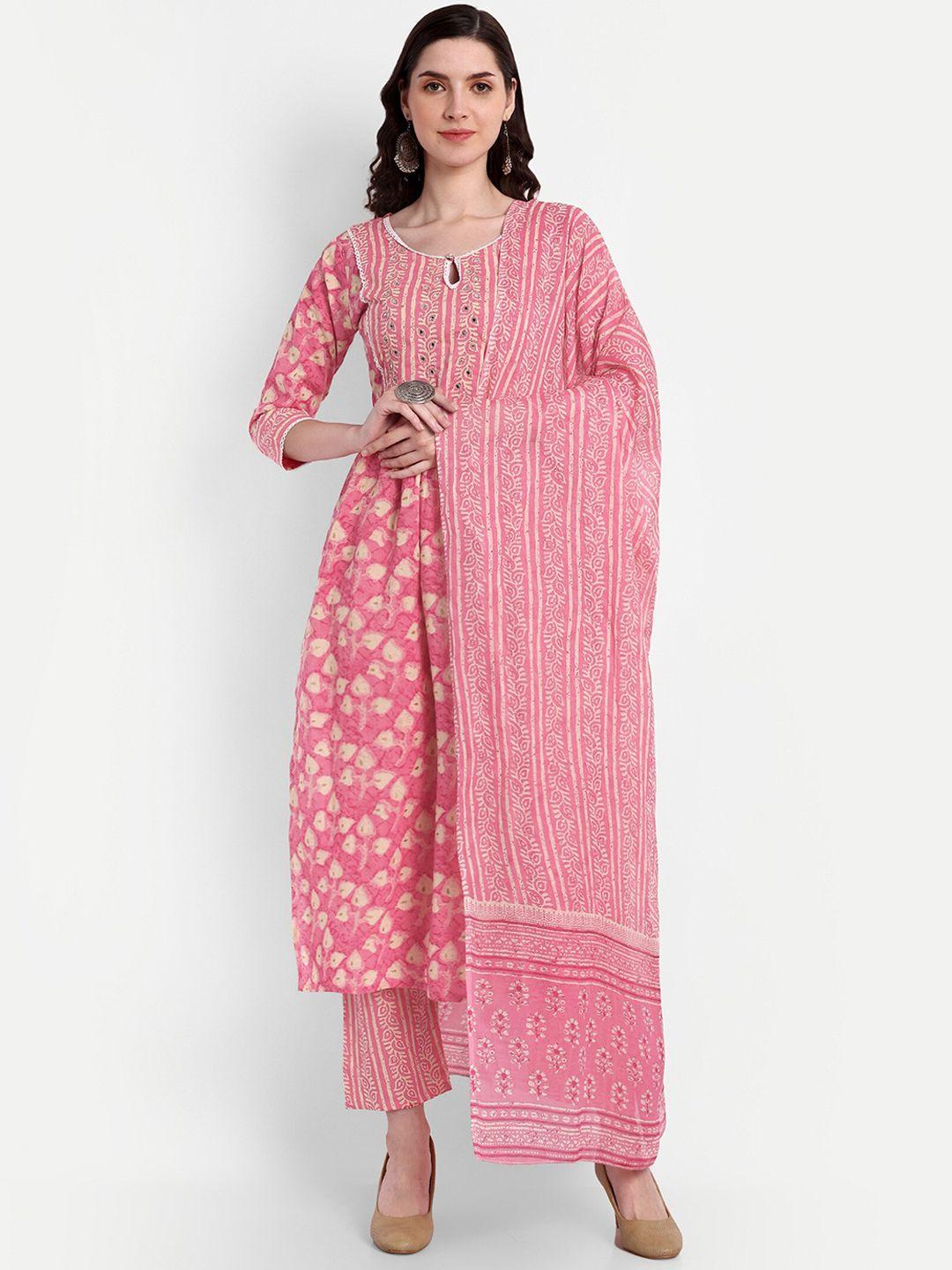 singni women pink ethnic motifs printed pleated pure cotton kurta with trousers & with dupatta