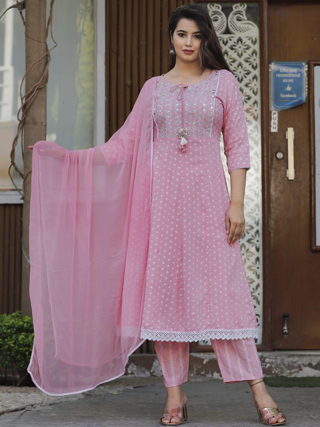 singni women pink floral embroidered panelled kurta with trousers & with dupatta