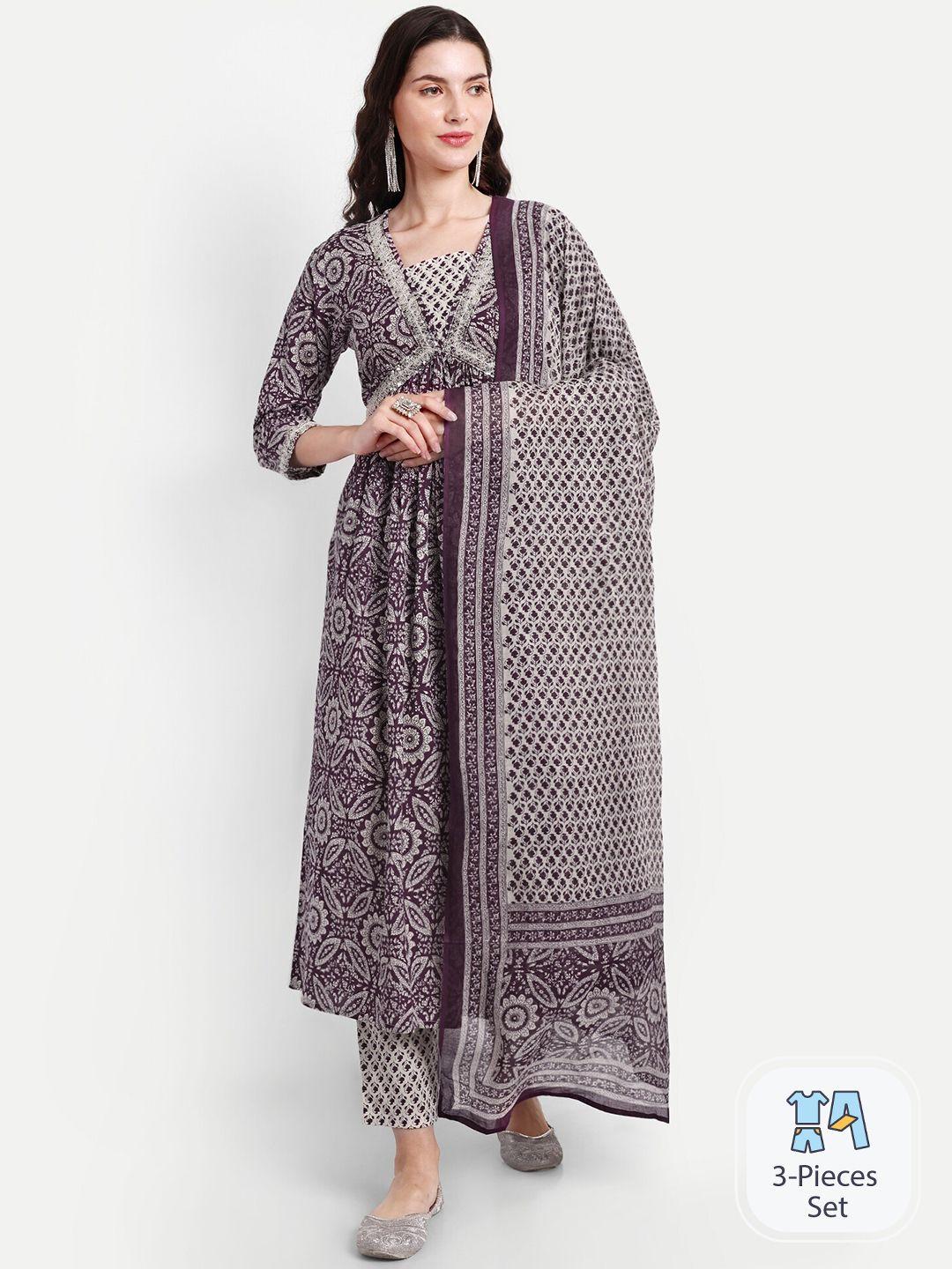 singni women purple ethnic motifs printed empire sequinned pure cotton kurta with trousers & with dupatta