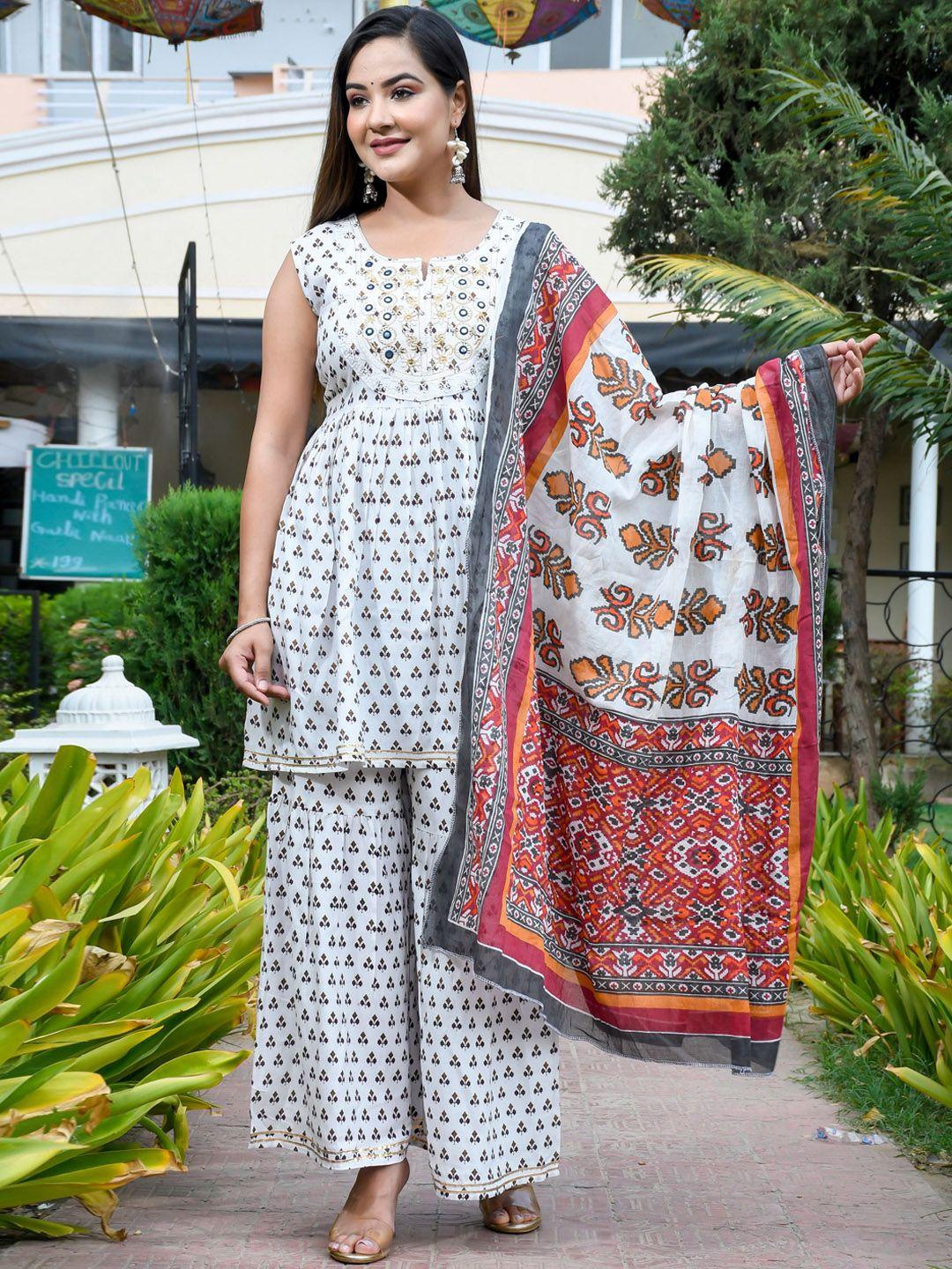 singni women white printed kurta and sharara with dupatta