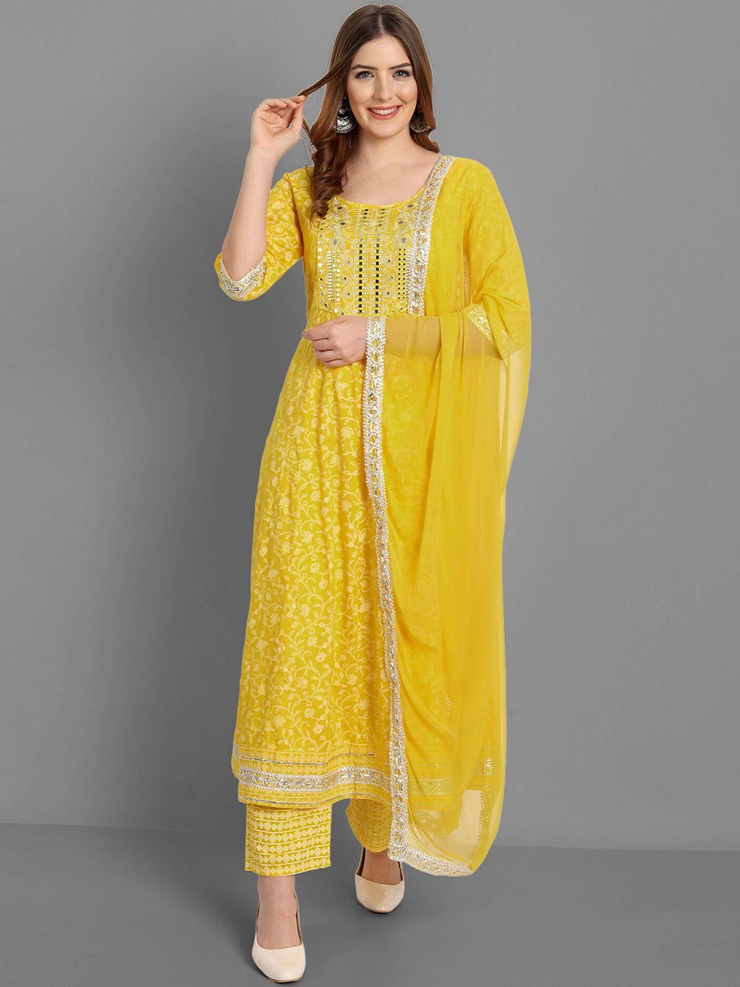 singni women yellow ethnic motifs empire kurta with palazzos & with dupatta