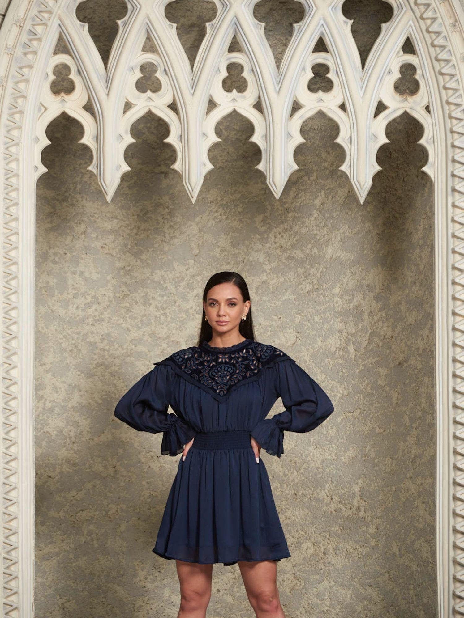 sipl1012 navy blue embroidered dress for women