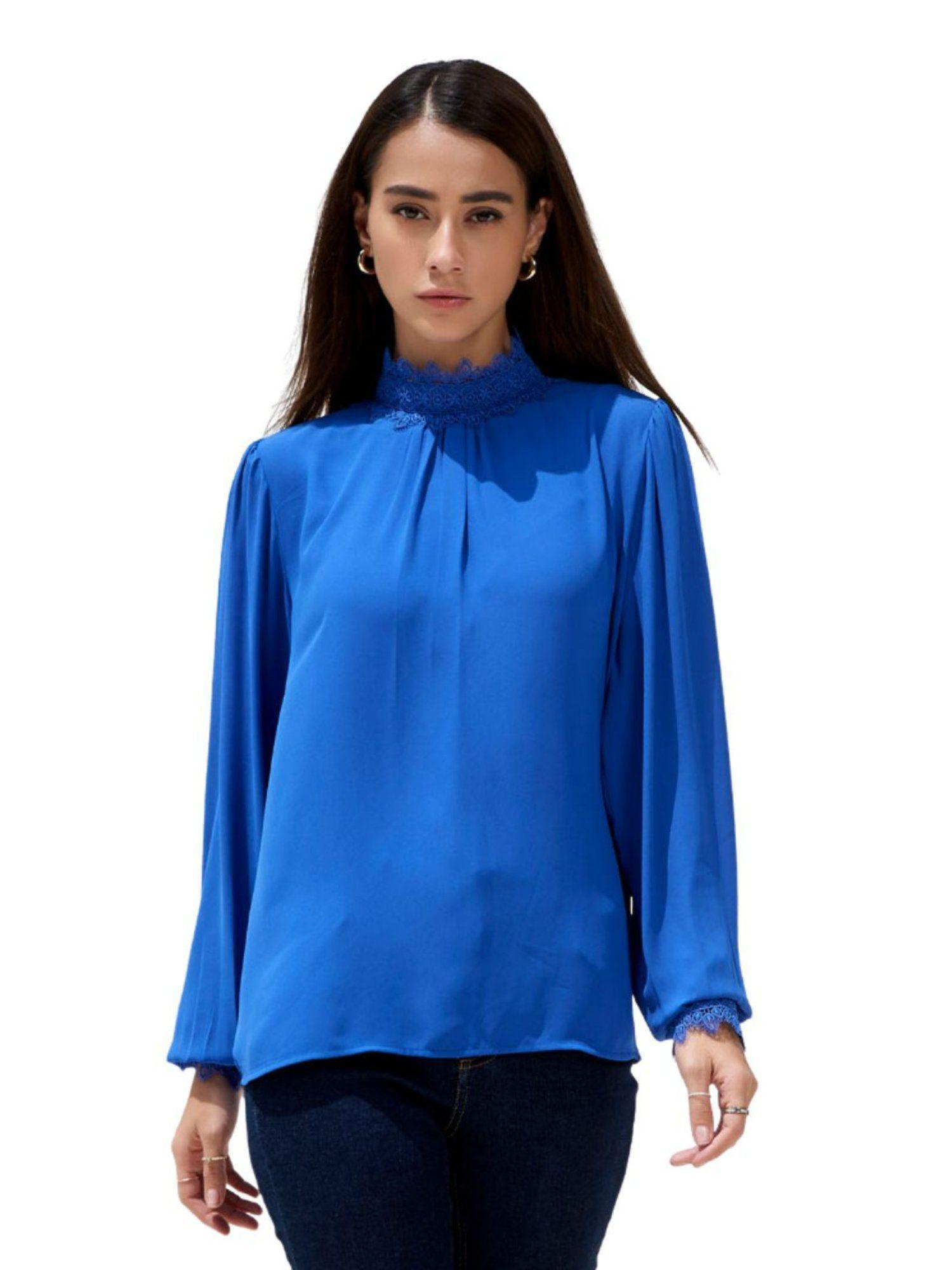 sipl1093 blue high neck blouse for women