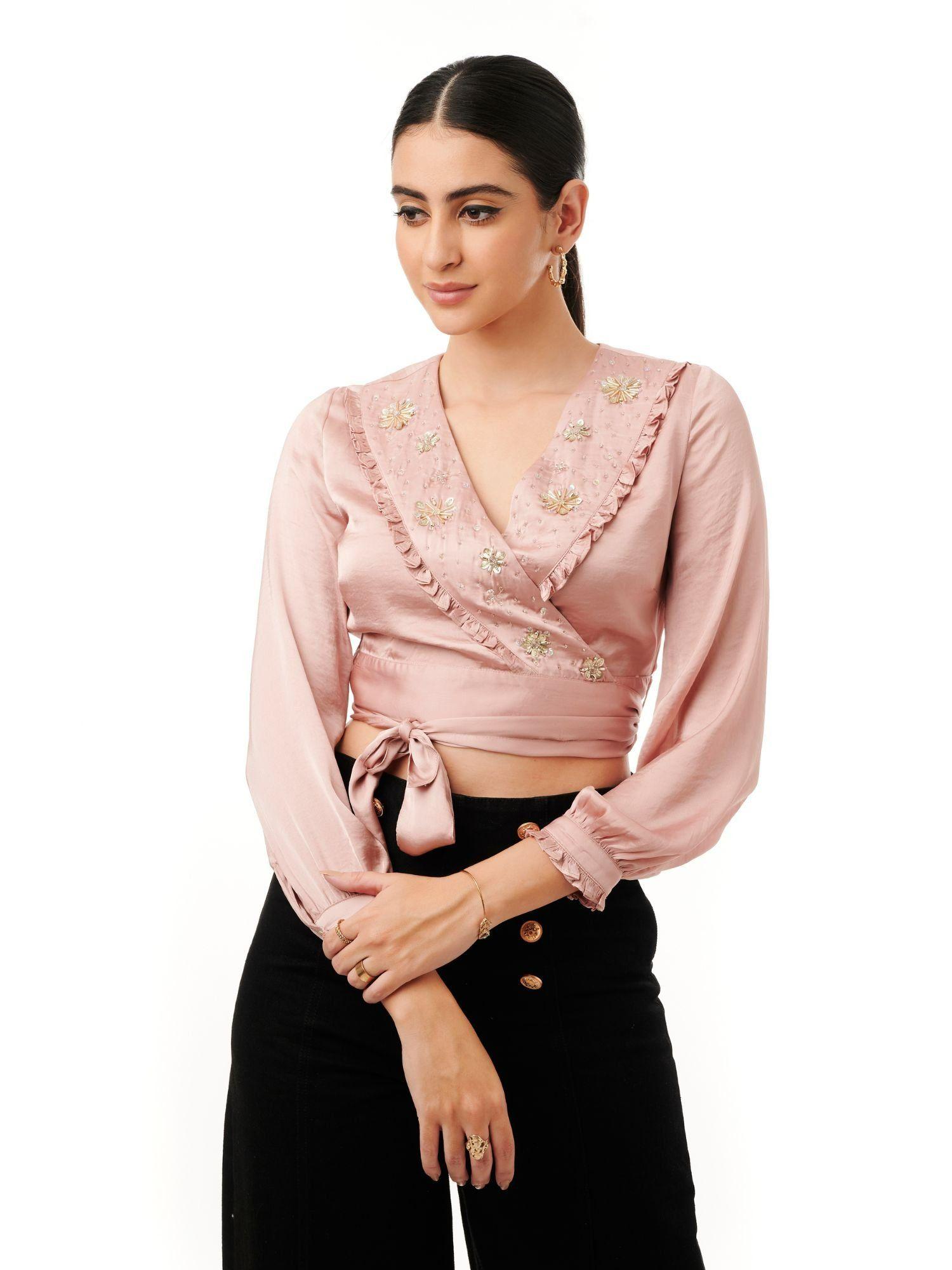 sipl1239 pink roseate embellished wrap top for women