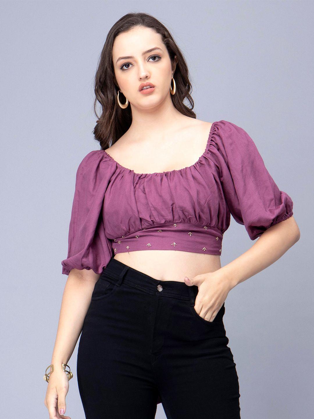sipsew scoop neck puffed sleeves embroidered blouson crop top