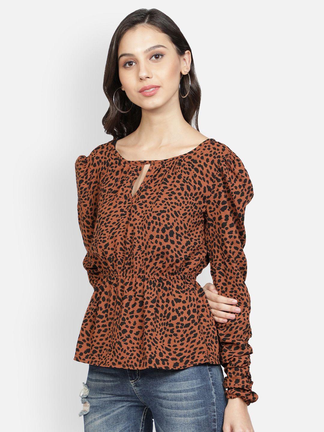 sipsew women brown animal print keyhole neck cinched waist top