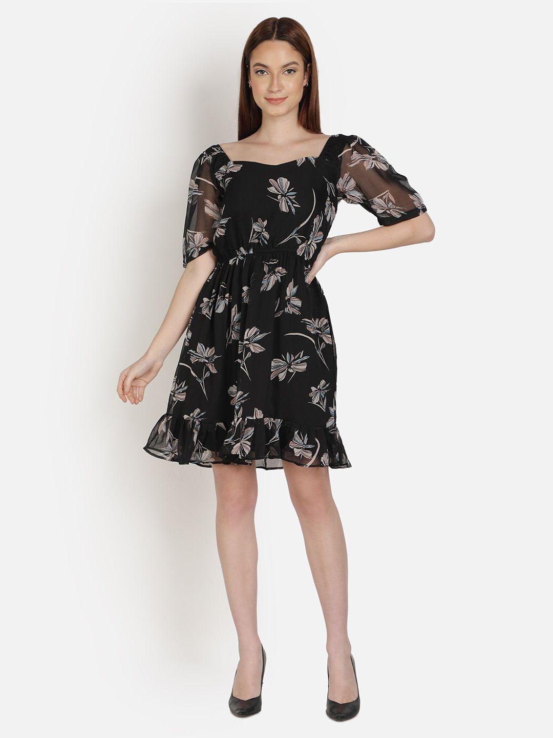 sipsew black floral georgette dress