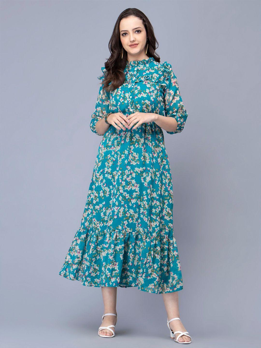 sipsew floral printed high neck puff sleeves georgette a-line midi dress