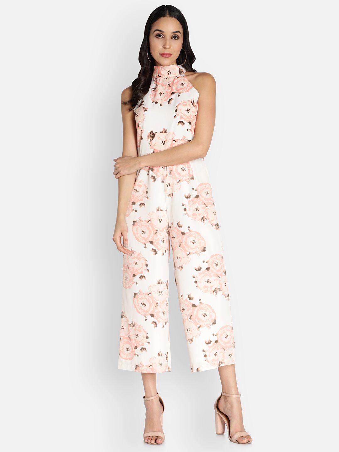 sipsew peach-coloured & brown halter neck printed basic jumpsuit