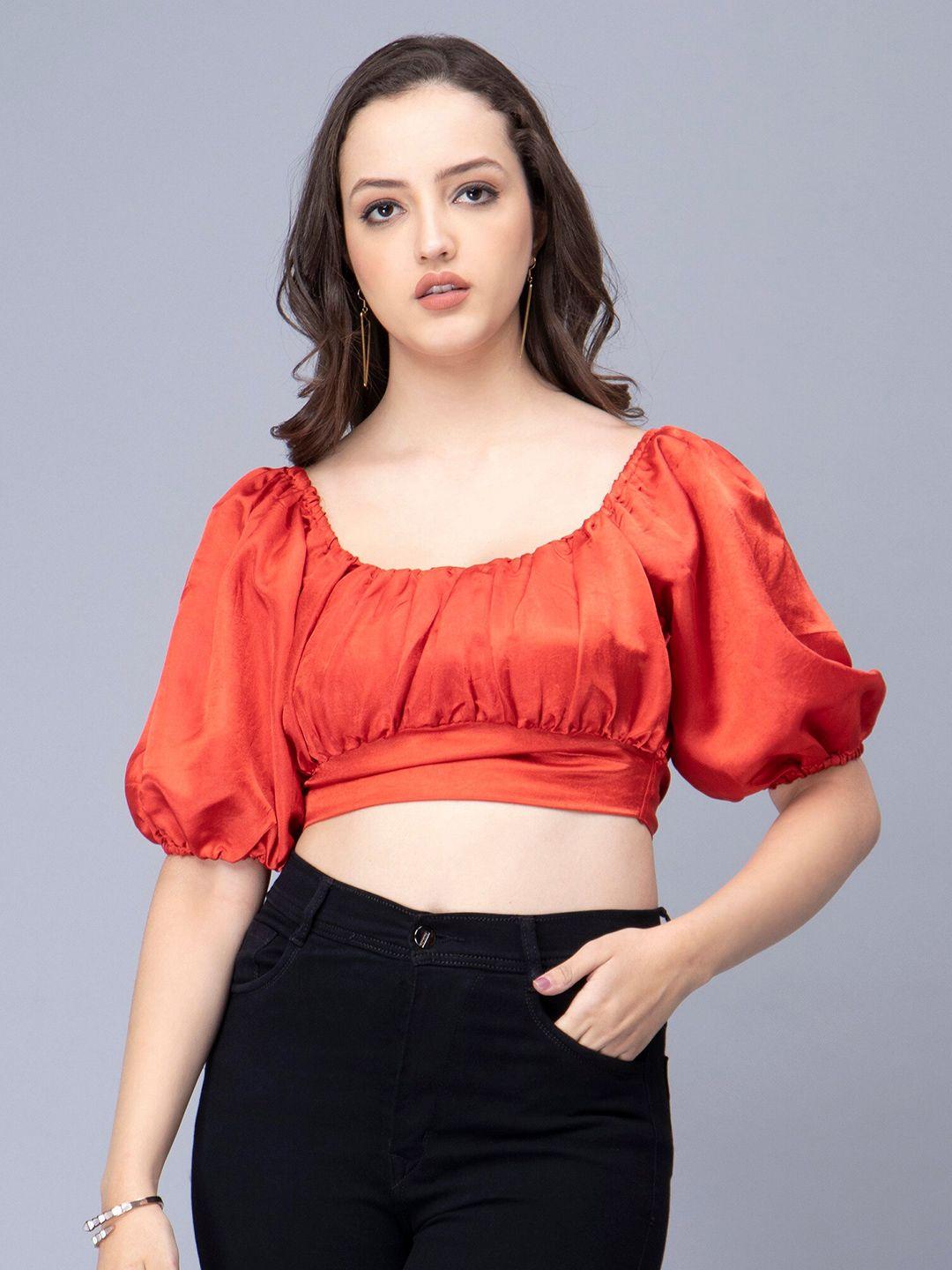 sipsew scoop neck puff sleeves tie ups blouson crop satin top