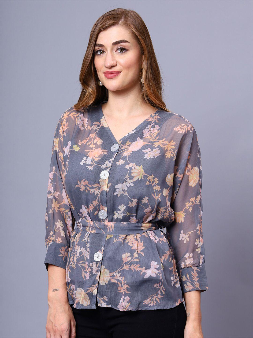 sipsew women grey smart floral opaque printed casual shirt