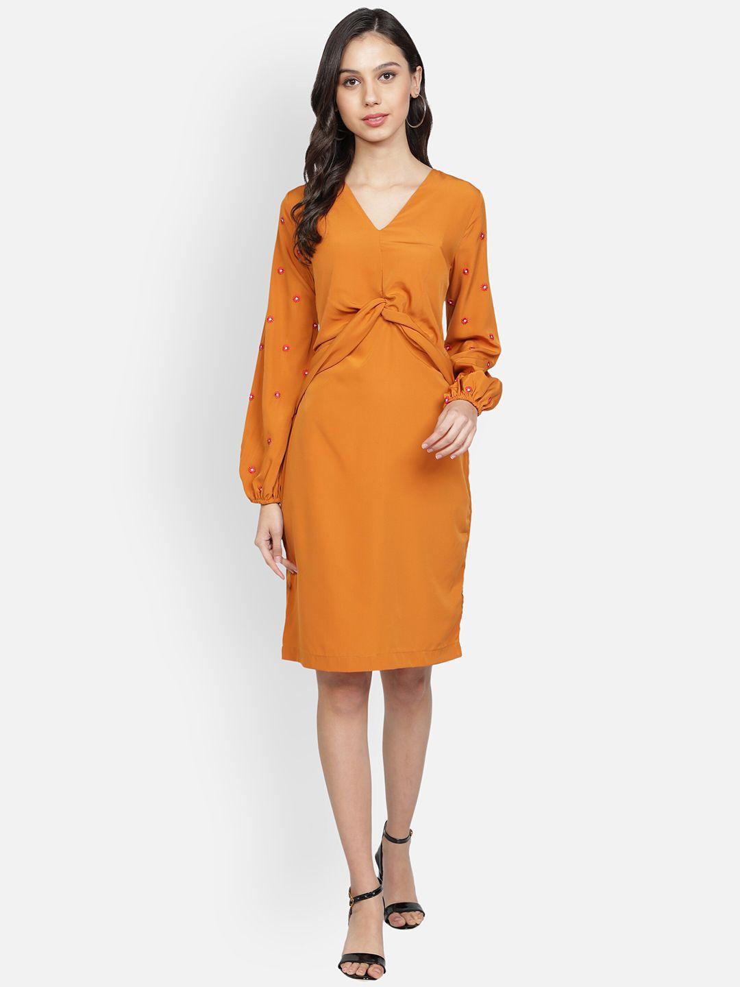 sipsew women mustard yellow solid crepe a-line dress