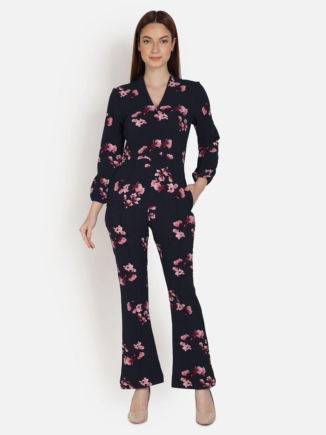 sipsew women navy blue & pink printed basic jumpsuit