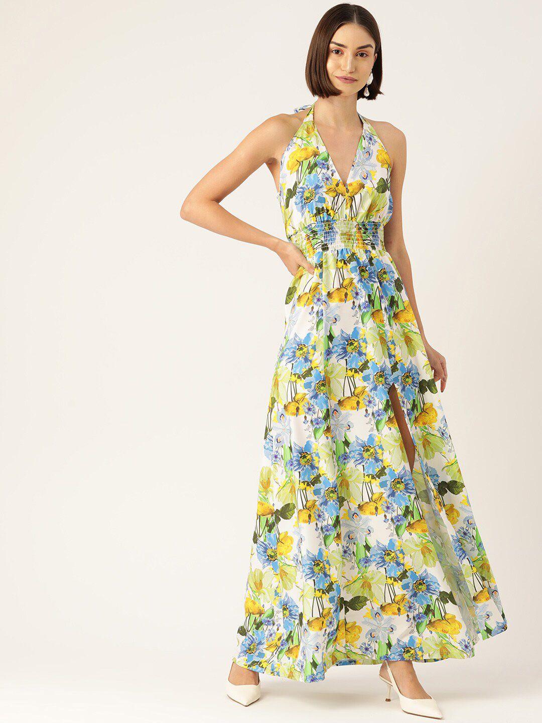 sirikit floral printed halter neck smocked cut-out detail a-line maxi dress
