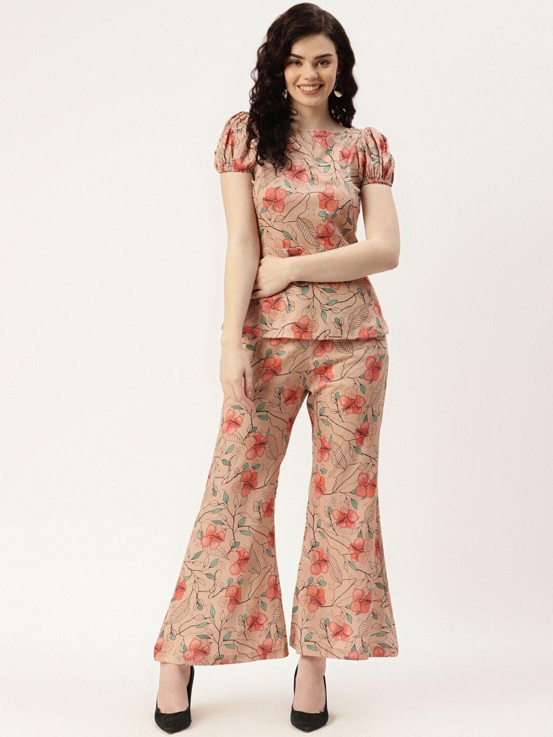 sirikit floral printed puff sleeve top with flared trouser