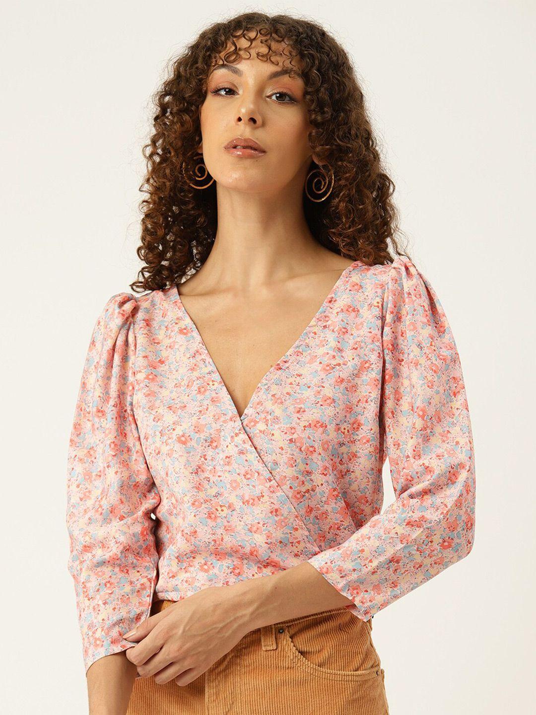 sirikit floral printed v-neck puff sleeves wrap top