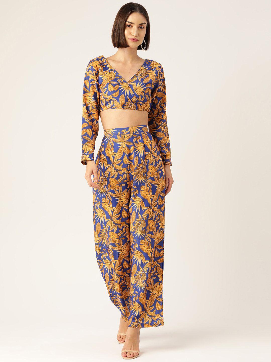 sirikit tropical printed v-neck crop top with high rise trousers