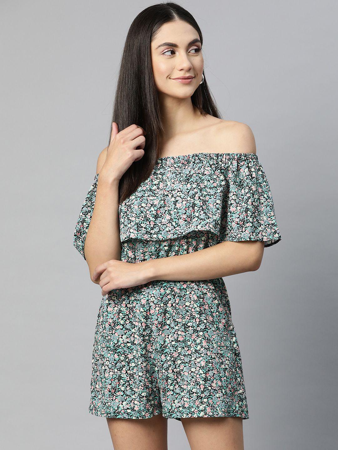 sirikit black & blue off-shoulder floral printed jumpsuit