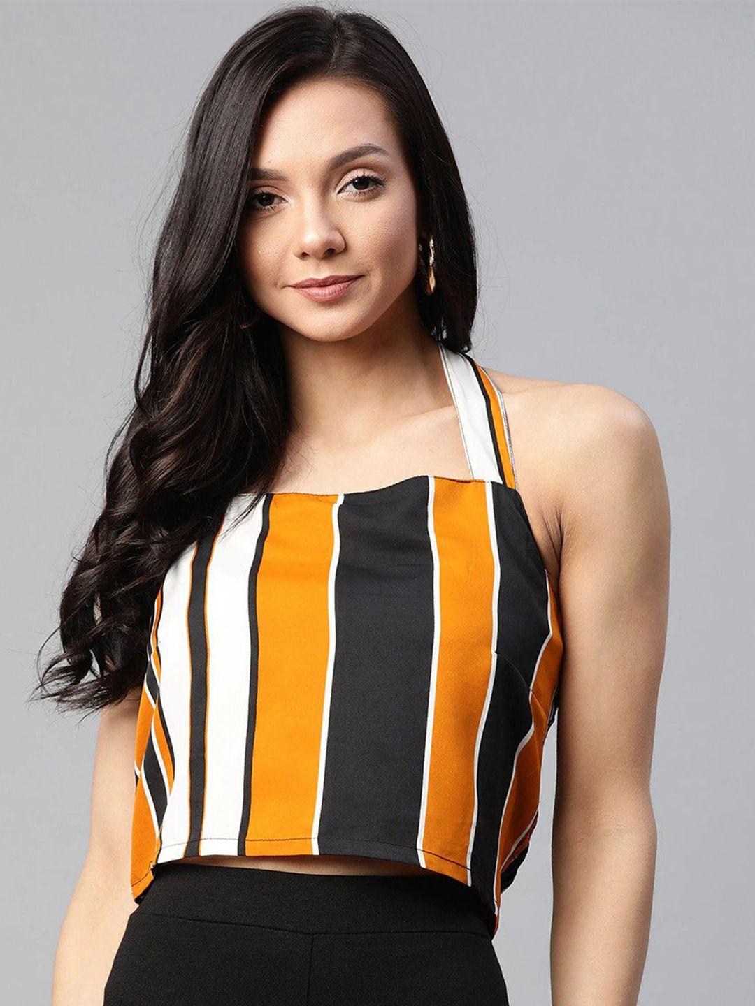 sirikit black & mustard yellow striped halter neck smocked crepe tube crop top