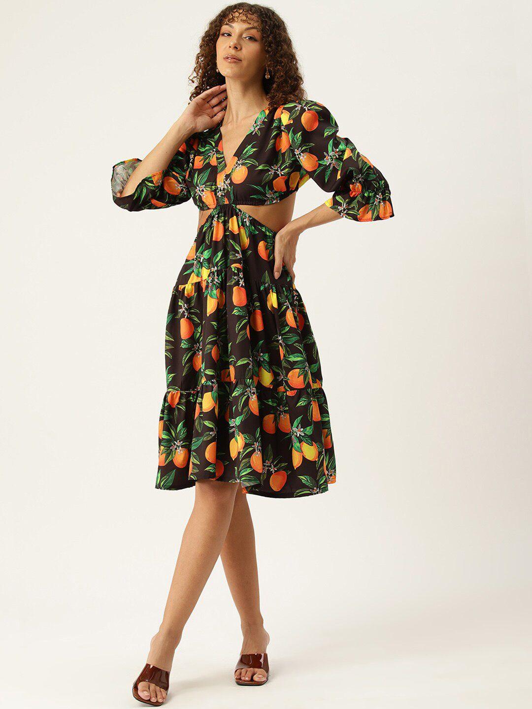 sirikit conversational printed v-neck puff sleeves cut out a-line dress
